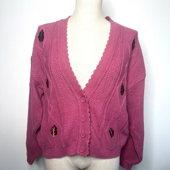 Vintage Hunters Glen Sweater Fall Leaves Rose Pink Button Cardigan MP - Picture 1 of 16